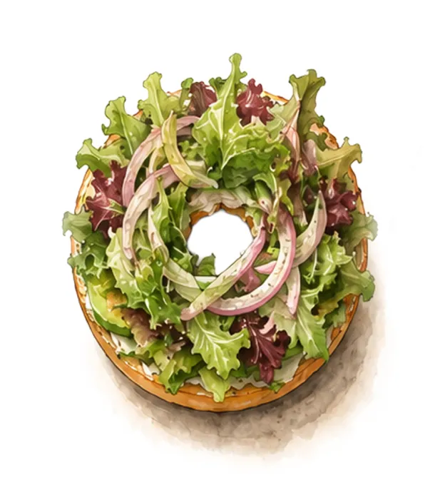 pain de beignet avec une sauce au citron, des tranches d'avocats et de la salade