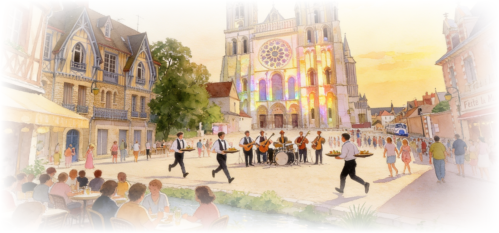 dessin du centre ville de Chartres avec la Cathédrale Notre-Dame au fond
