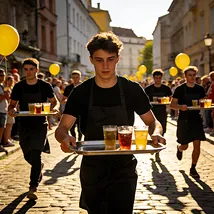 des serveurs courant avec des plateaux remplis de verre dans les rues